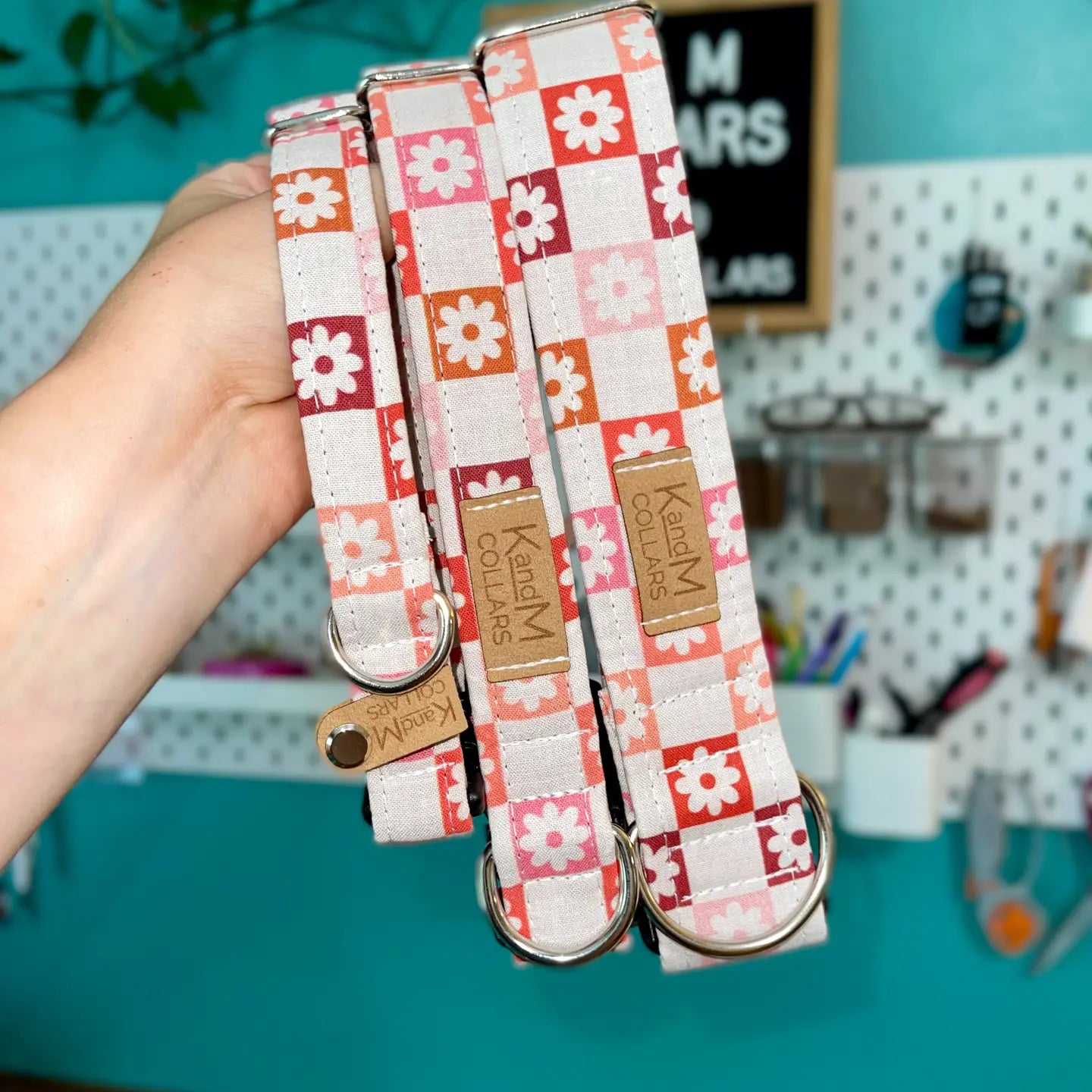 Boho Flowers Checkered Dog Collar | K & M