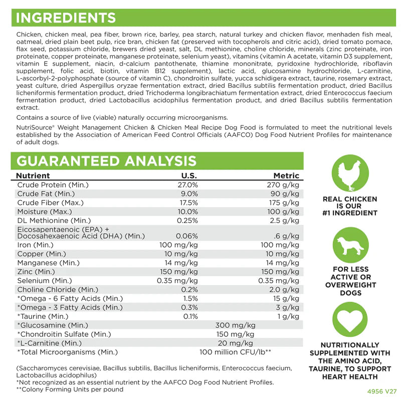 NutriSource Dry Dog Food - Weight Management Chicken and Rice Recipe