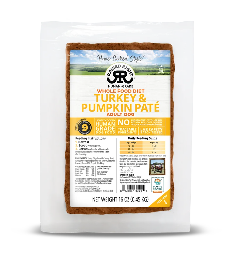 Raised Right "Home Cooked" Original Turkey & Pumpkin Adult Dog Recipe