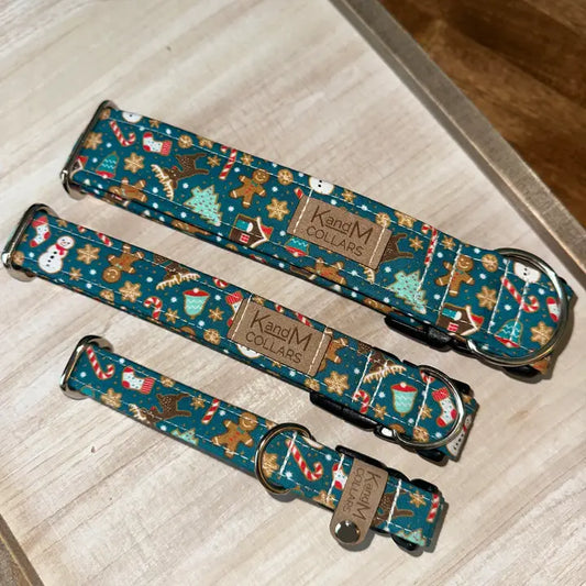 Gingerbread Teal Christmas Dog Collar